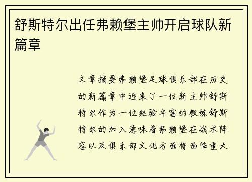 舒斯特尔出任弗赖堡主帅开启球队新篇章 舒斯特尔出任弗赖堡主帅开启球队新篇章